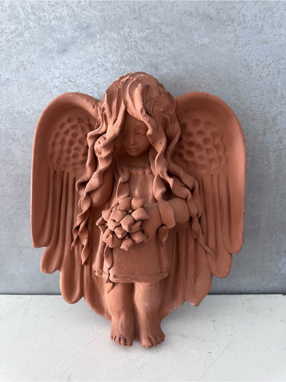 VINTAGE Ornate Angel Terracotta Wall Sculpture SIGNED ARTEYS 10"